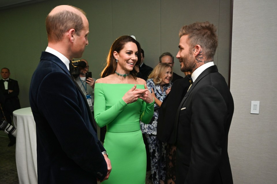 BOSTON, MASSACHUSETTS - DECEMBER 02: Prince William, Prince of Wales, Catherine, Princess of Wales and David Beckham speak backstage after The Earthshot Prize 2022 at MGM Music Hall at Fenway on December 02, 2022 in Boston, Massachusetts. The Prince and Princess of Wales are visiting the coastal city of Boston to attend the second annual Earthshot Prize Awards Ceremony, an event which celebrates those whose work is helping to repair the planet. During their trip, which will last for three days, the royal couple will learn about the environmental challenges Boston faces as well as meeting those who are combating the effects of climate change in the area. (Photo by Samir Hussein/WireImage)