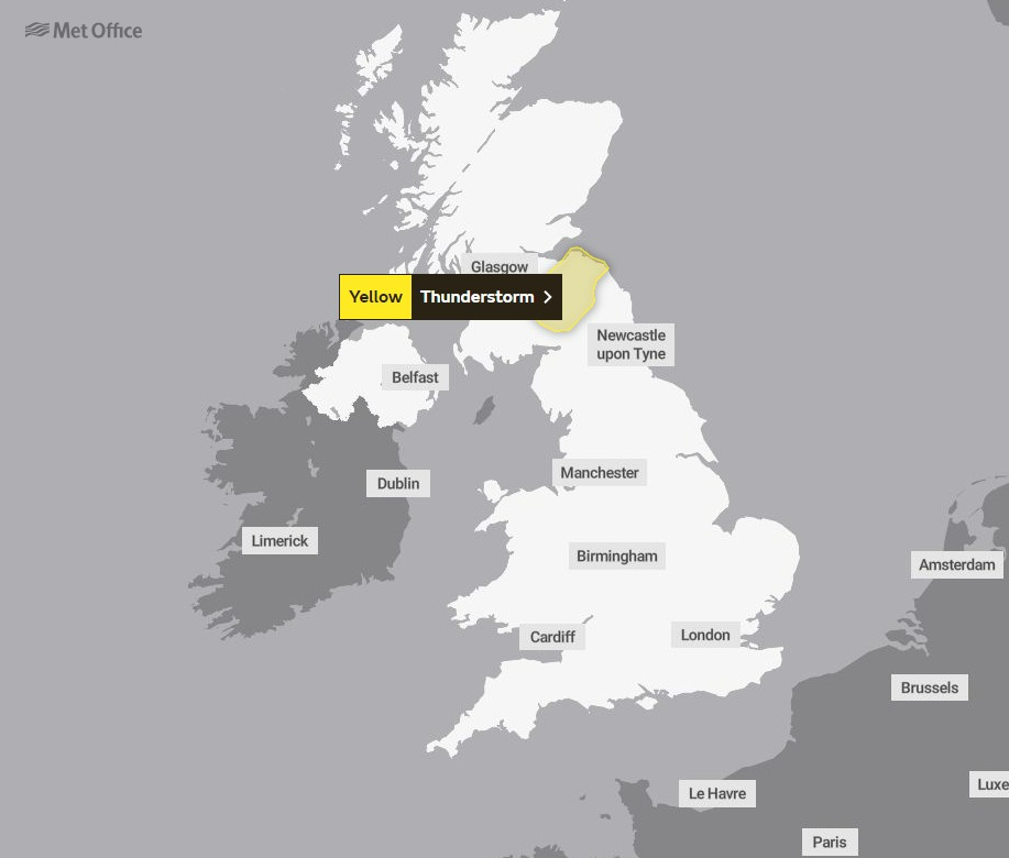 The Met Office have issued a yellow thunderstorm warning for parts of Scotland