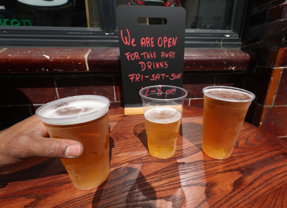 Takeaway pints of beer outside Charrington's Noted Ales And Stout pub in London, as further coronavirus lockdown restrictions are lifted in England. ... Coronavirus - Tue Jun 23, 2020 ... 26-06-2020 ... London ... UK ... Photo credit should read: Yui Mok/PA Wire. Unique Reference No. 54316922 ... Picture date: Friday June 26, 2020. See PA story HEALTH Coronavirus. Photo credit should read: Yui Mok/PA Wire