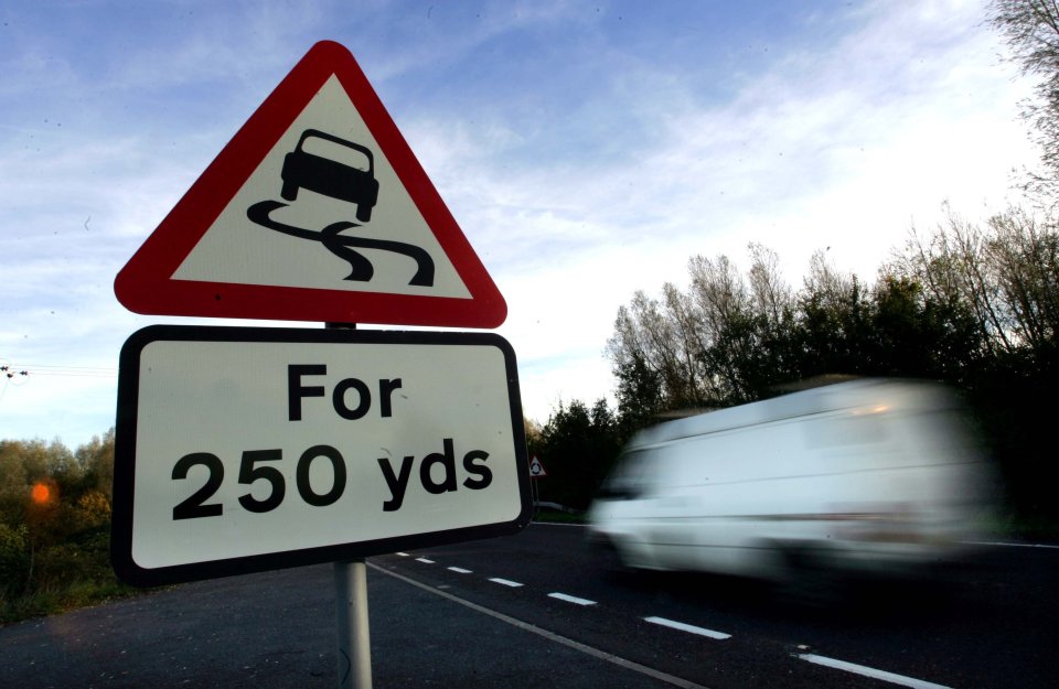 A slippery road warning signals to drivers that there could be danger ahead