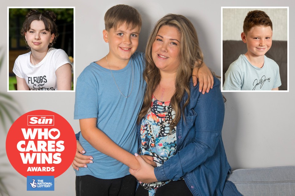 Joshua Robb (centre with his mum Charlotte), Issy Martin (l) and Harry Byrne (r) are all up for The Sun's Young Hero gong at our Who Cares Wins awards