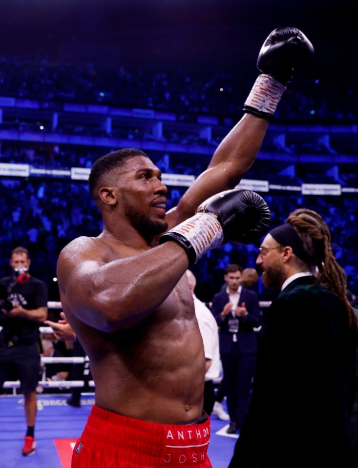 Anthony Joshua celebrates his KO win over Robert Helenius