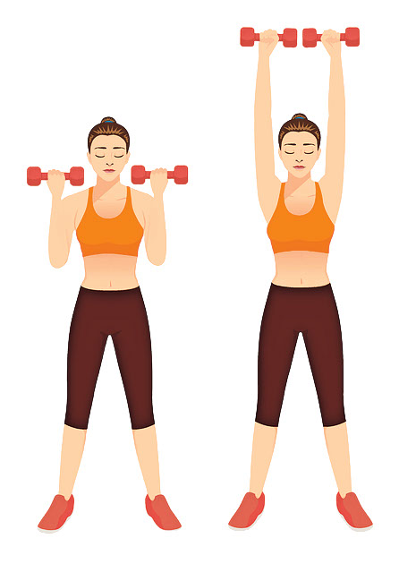 Using the muscles in your shoulders and arms, extend elbows and press weights up overhead, arms in line with your ears