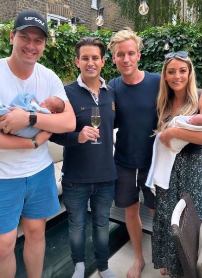 Ollie and Gareth posed with pals holding their new babies