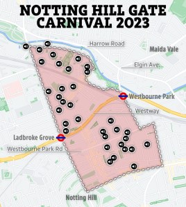 This map shows the route the Carnival will take and the sound stages, which are identified by speaker icons.