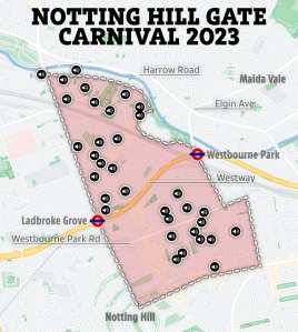  This map shows the route the Carnival will take and the sound stages, which are identified by speaker icons.