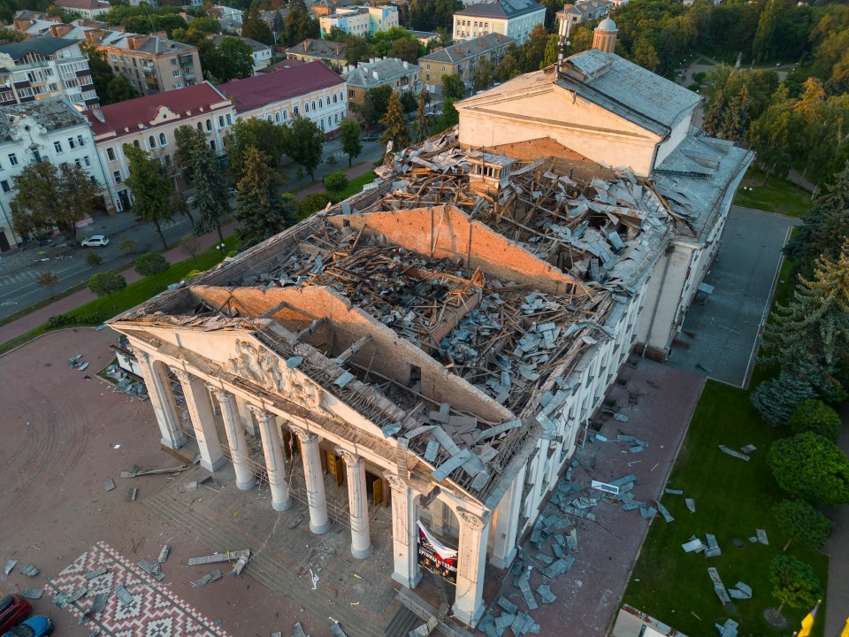 Damage from the missile attack hitting the Chernihiv Regional Academic Ukrainian Music and Drama Theater