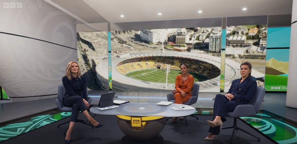 Scott, Gabby Logan (left) and Farah William (right) presented the coverage of Sweden’s game against Japan