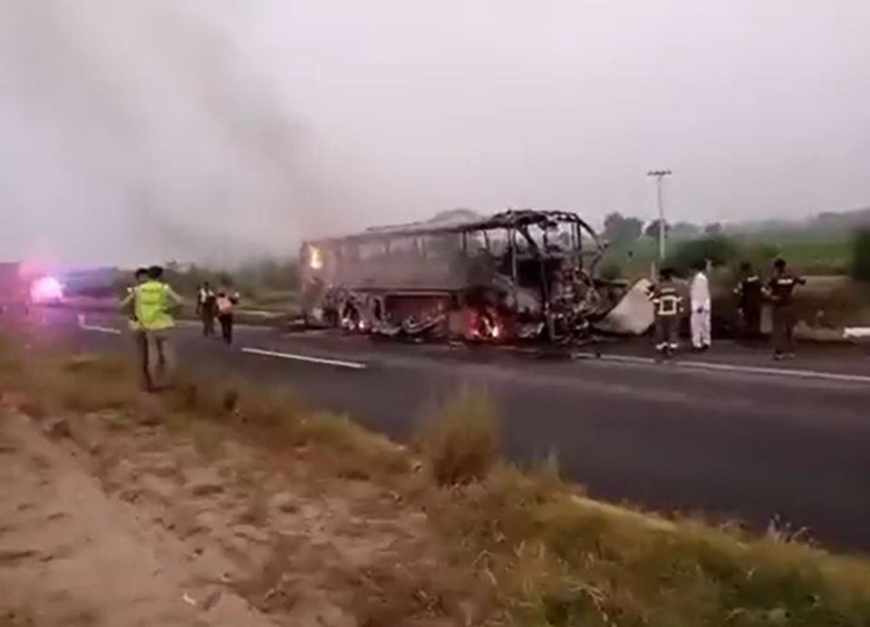 The burnt out shell of the bus could be seen on the roadside