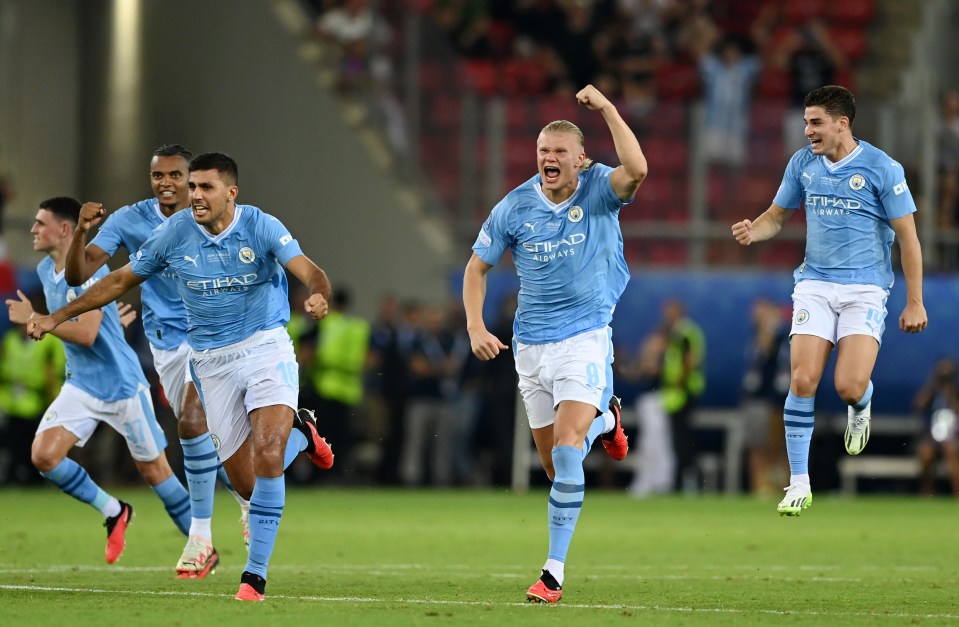 Erling Haaland leads the celebrations despite a rare goalless night