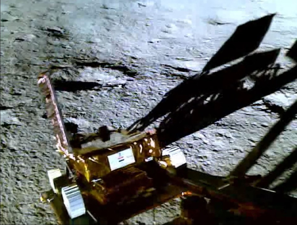 The Chandrayaan-3 rover pictured as it manoeuvred from the lunar lander to the surface of the moon on August 24