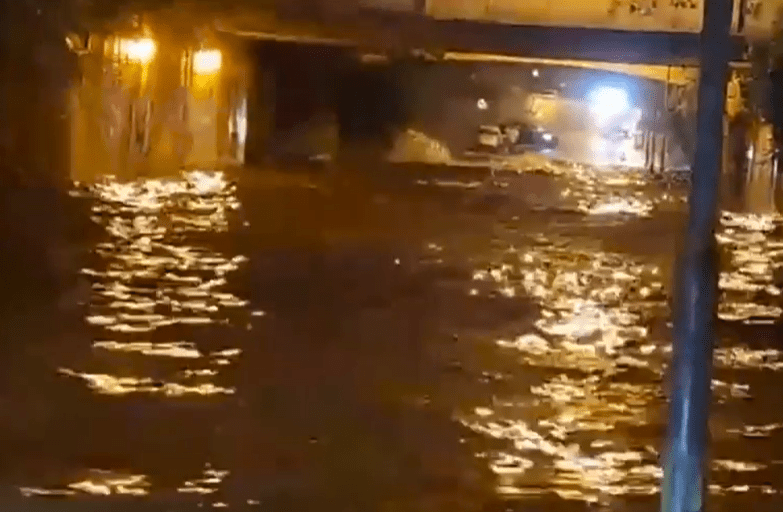 The road was badly flooded after a downpour