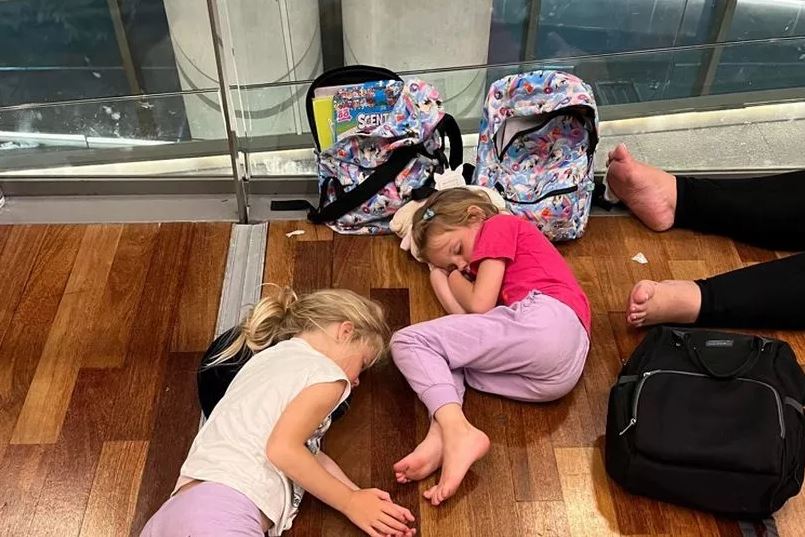 Brits caught in plane delays chaos faced being stuck for two weeks, pictured kids forced to sleep on an airport floor