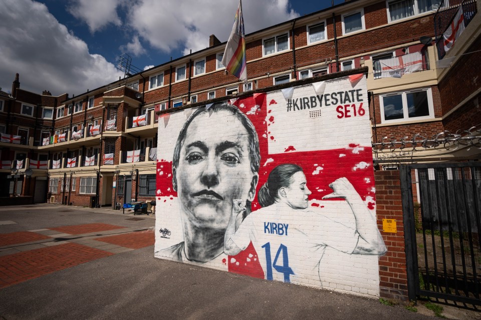 England flags and a mural of Fran Kirby on Kirby Estate in London