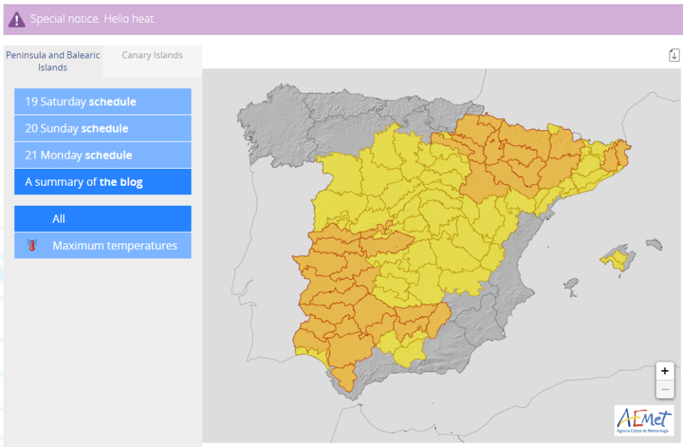 AEMET have issued a slew of warnings and a ‘special notice’ for Spain over the warm weather in the coming days