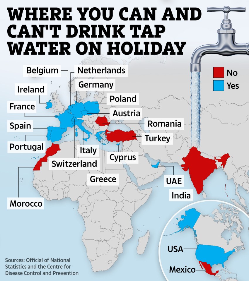 Map reveals exactly where you can and can't drink tap water on holiday