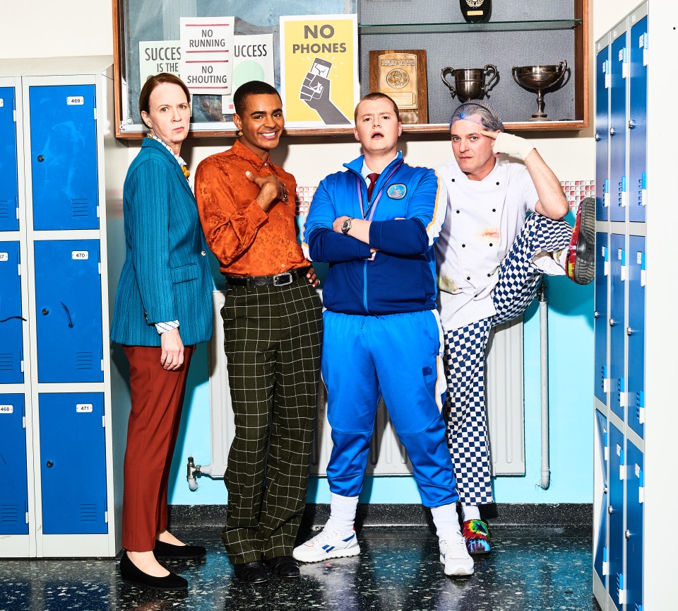 Strictly's Layton Williams is back on the set of BBC Three comedy Bad Education, pictured with Vicki, Charlie and Mathew