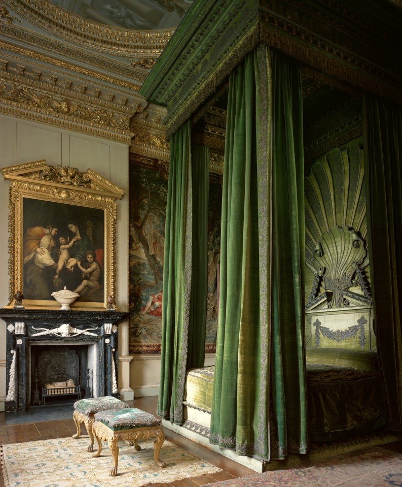 The State Bedroom, with its Shell Bed hung with green velvet featuring silver gilt embroidery