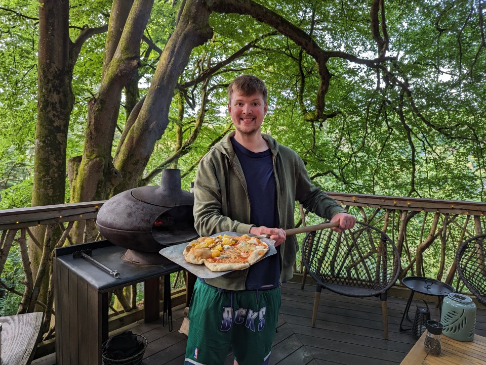 The treehouse comes complete with an outdoor pizza oven and there was a barbecue on the decking too