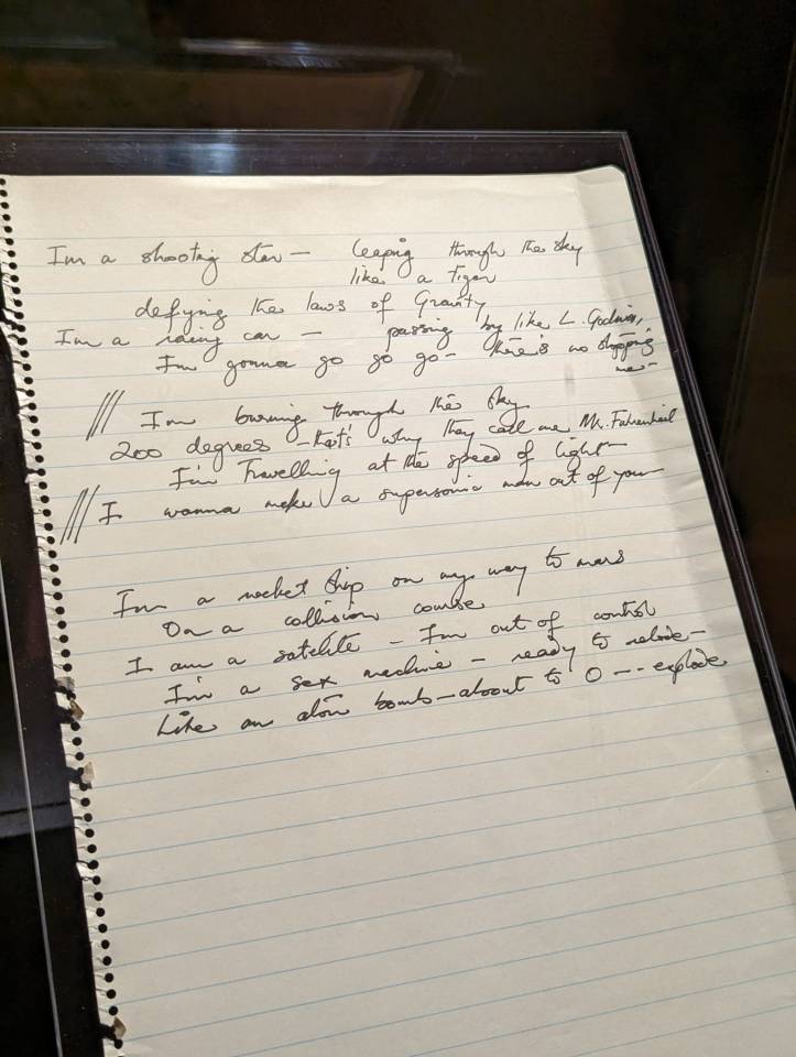 Hand-written Queen lyrics are on display as part of the exhibit