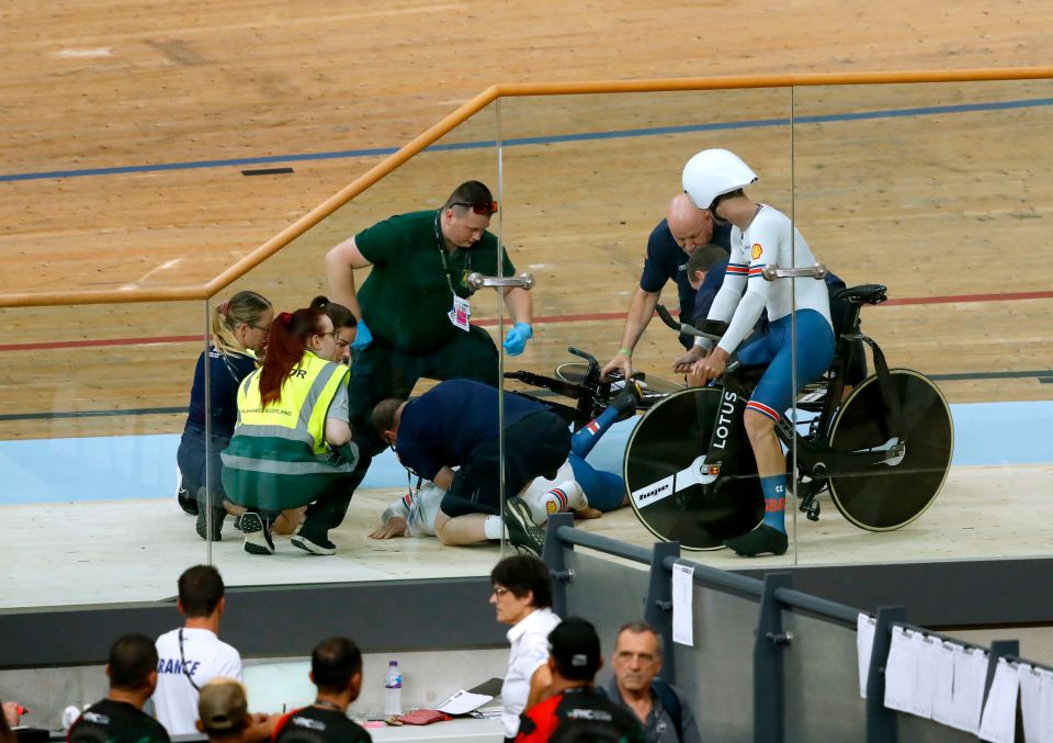 The Team GB star was treated by medical staff on the track