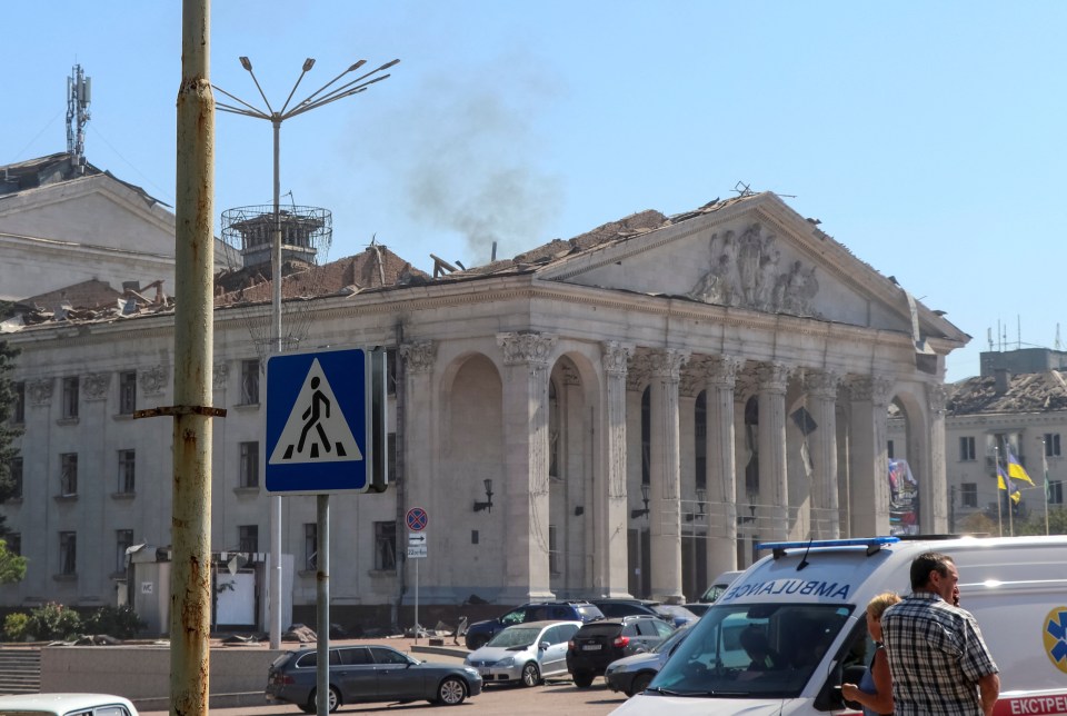 The building's roof has been reduced to rubble