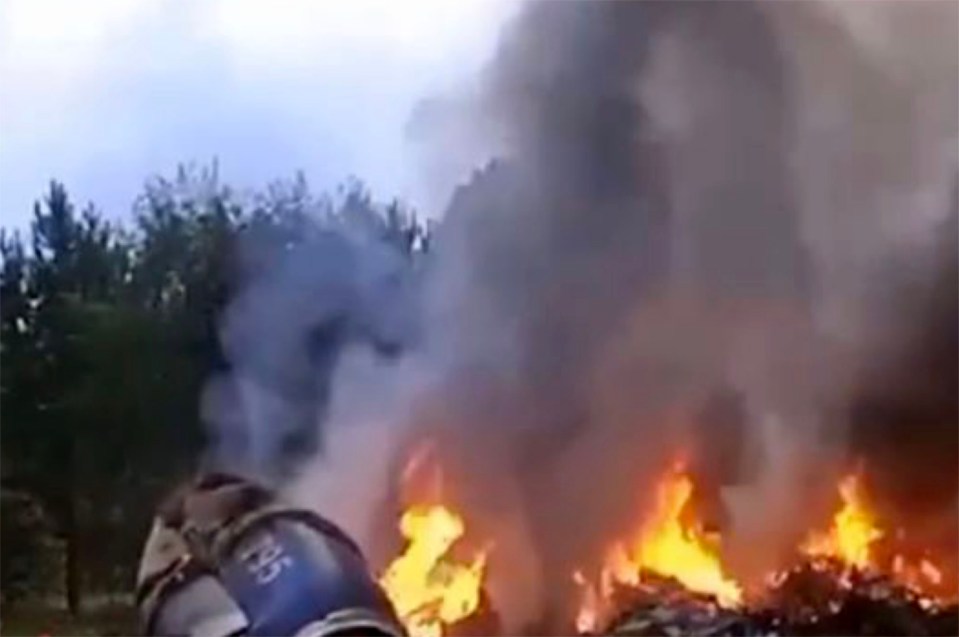 Footage showed the mangled wreckage of the plane in a fiery heap