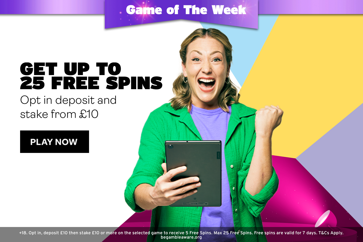 a woman in a green jacket is holding a tablet in front of a sign that says get up to 25 free spins