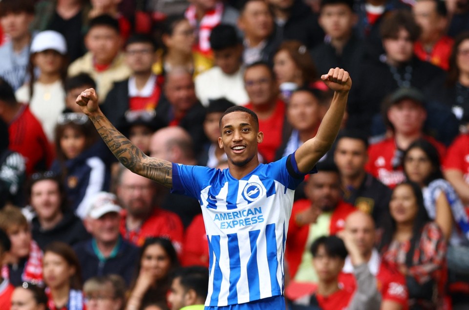 Joao Pedro celebrates making it 3-0 at Old Trafford