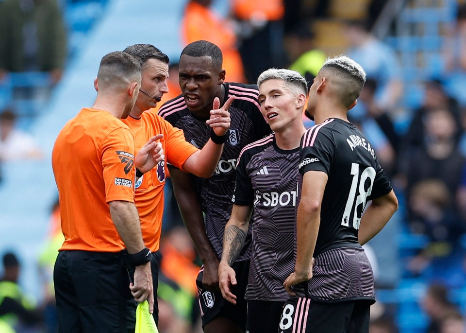 Fulham players remonstrated with referee Michael Oliver