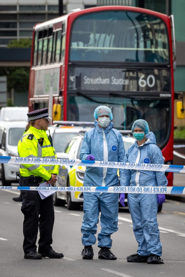 Police forensics gather evidence at the scene in Croydon, south London