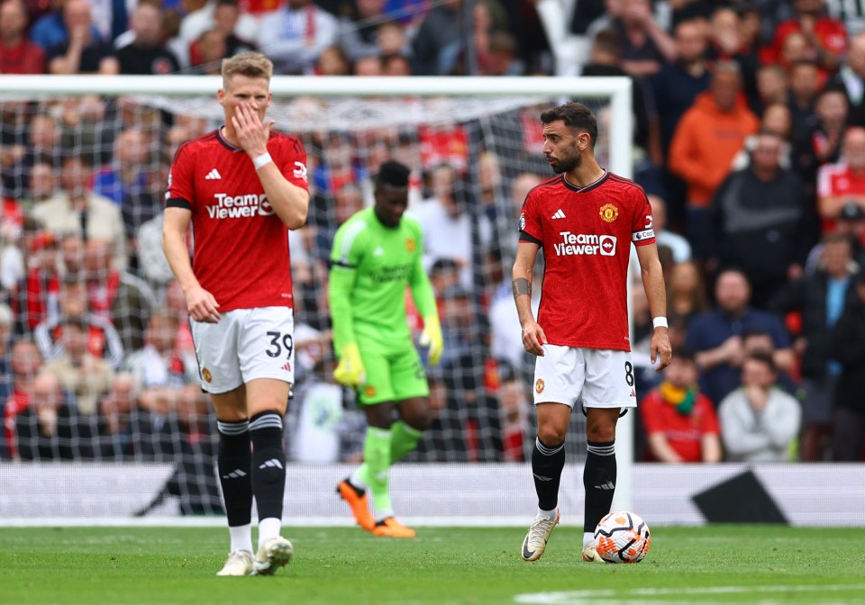 Bruno Fernandes, right, confronted Scott McTominay after the Brighton defeat