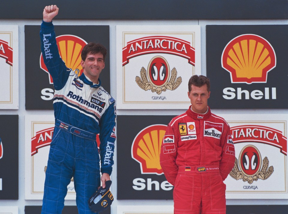 Damon Hill and Michael Schumacher share a podium