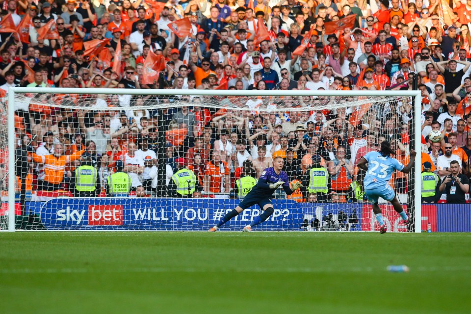 LONDON, ENGLAND - MAY 27: Fankaty Dabo of Coventry City misses his penalty in the shoot-out during the Sky Bet Championship Play-Off Final between Coventry City and Luton Town at Wembley Stadium on May 27, 2023 in London, England. (Photo by Craig Mercer/MB Media/Getty Images)