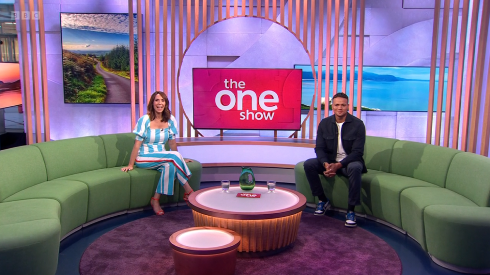 Alex Jones took to the iconic green sofa alongside Jermaine Jenas