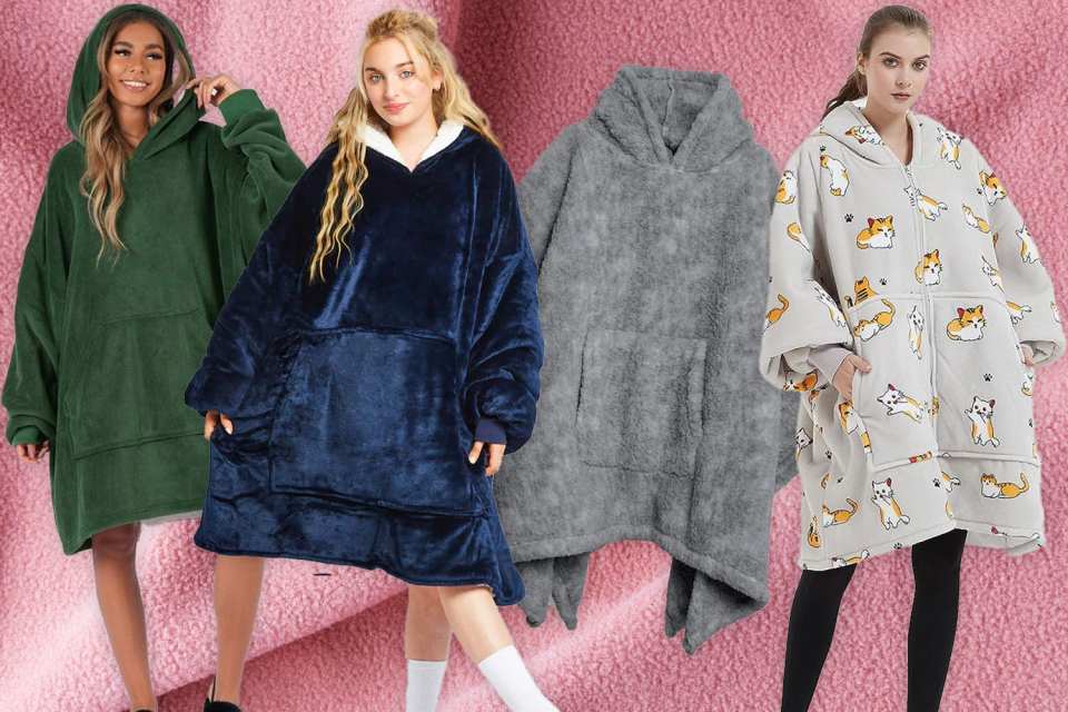 From left to right: The Sienna Sherpa Hooded Blanket, The Oodie, The M&S Snuggle Hooded Blanket and the VERTAST Hooded Wearable Blanket