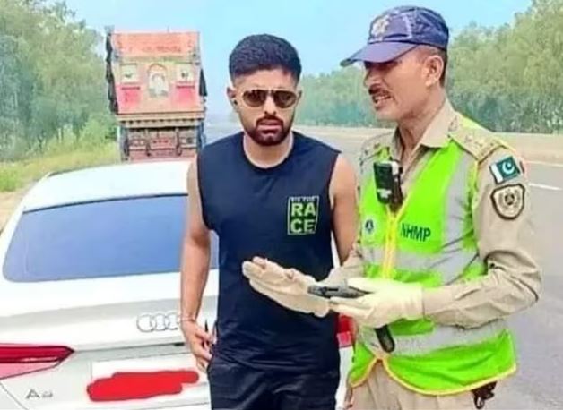 The viral picture of Babar Azam after reportedly being caught speeding