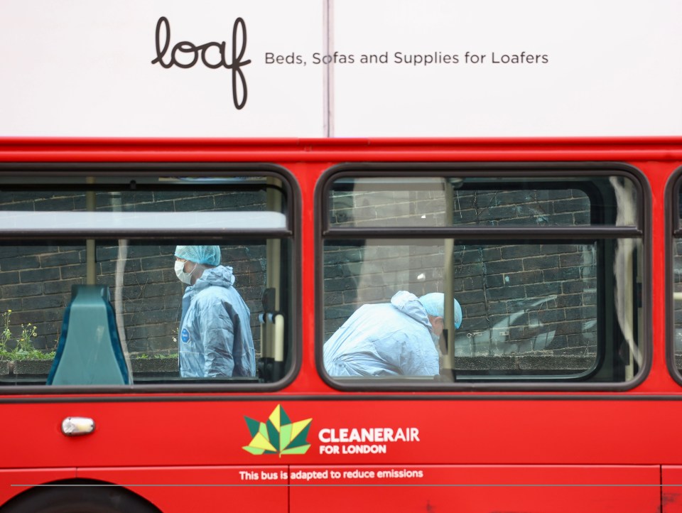 Forensics on a bus outside the Whitegift center in Croydon