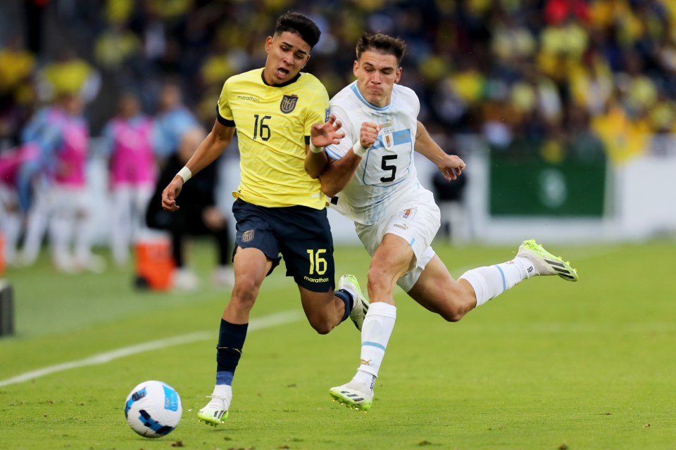 Uruguay hardman Manuel Ugarte fails to nudge Paez off the ball during their World Cup qualifier