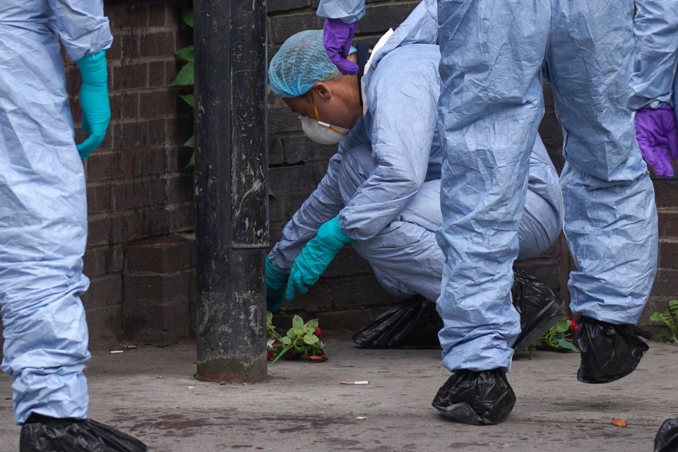 A police forensic officer takes photographs of what appear to be flowers at the scene of a fatal stabbing of a fifteen year old girl.