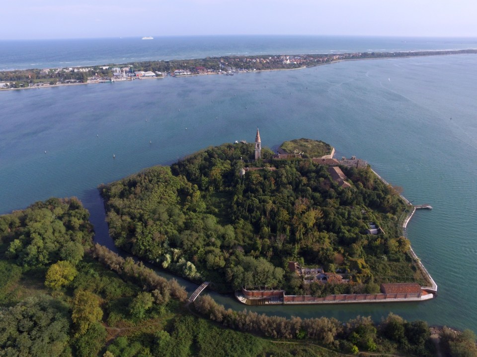 An aerial view of the abandoned Italian island of Poveglia, which has the remains of 160,000 corpses from the Black Plague