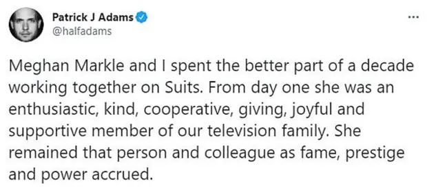 patrick j adams tweeted about meghan markle and i spent the better part of a decade working together on suits .