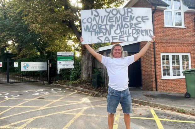 John Leaver protesting outside Hollybrook Junior School in Southampton