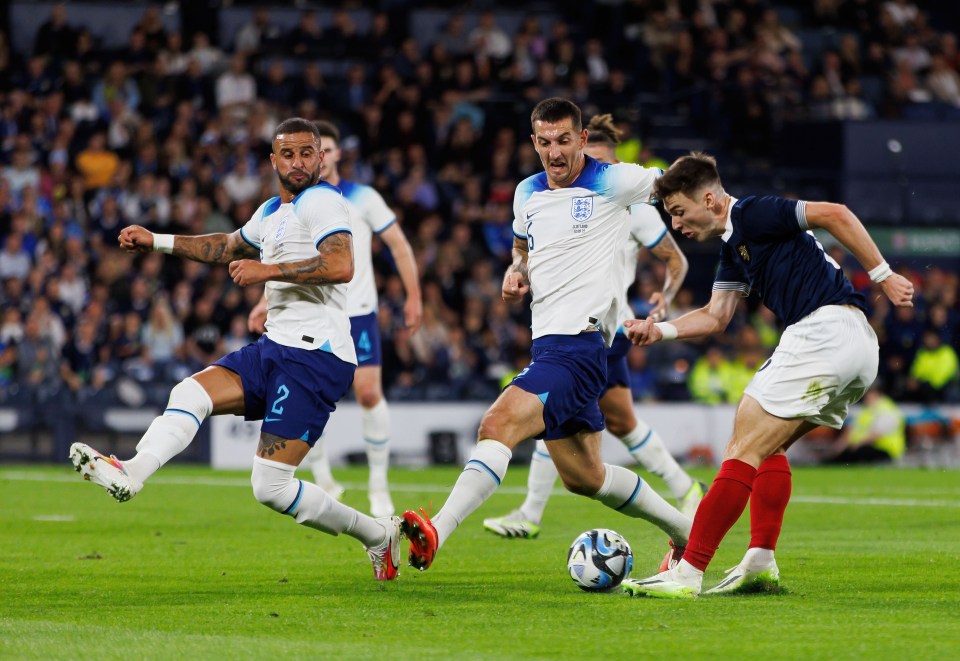 Kyle Walker and Lewis Dunk show England's focus at the back as Kieran Tierney gets in a rare effort on goal for Scotland