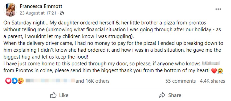 The mum recently went viral after revealing she’s been left so skint that she couldn’t even afford £20 for a pizza her daughter ordered without telling her