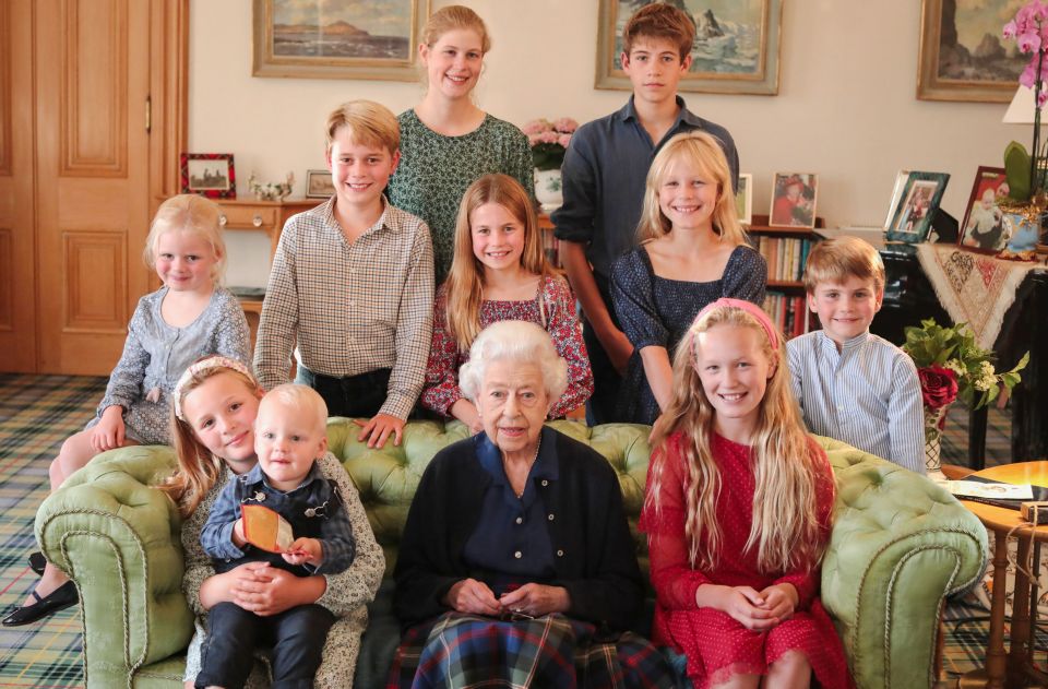 The late Queen with her great-grandchildren - (L to R) Bottom row, Mia Tindall, Lucas Tindall, Savannah Phillips. Middle row, Lena Tindall, Prince George, Princess Charlotte, Isla Phillips, Prince Louis. Top row, Lady Louise, James, Earl of Essex