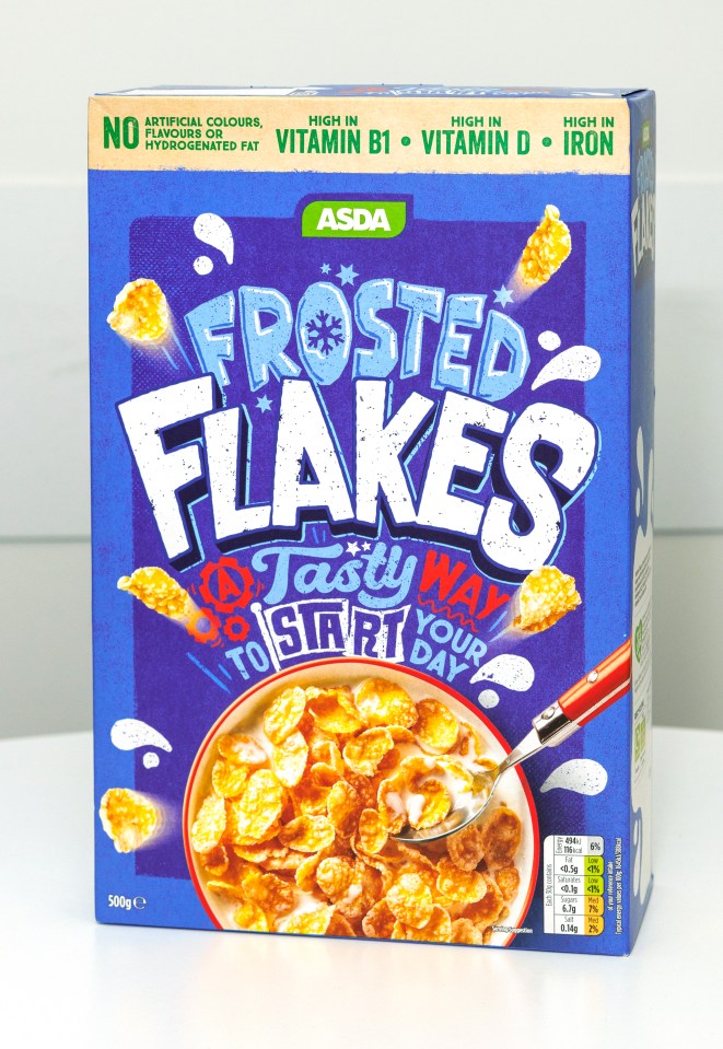 The Asda frosted flakes come in at £1.40 for a 500g box