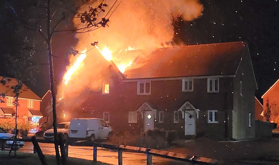 Fire ripped through homes in Corfe Mullen, near Poole and Bournemouth after it was hit by lightning last night