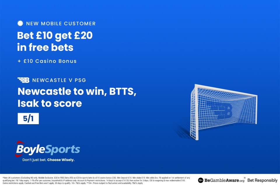 Newcastle vs PSG: Get £20 in free bets and £10 bonus with BoyleSports