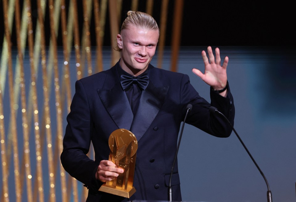 Erling Haaland with the Gerd Muller trophy for being the best striker of the year